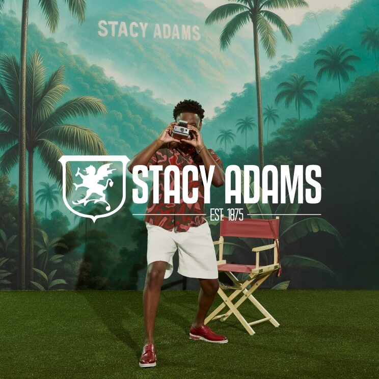 Image features a man in front of a Stacy Adams backgrop wearing the Barringer in red and a white Stacy Adams logo.